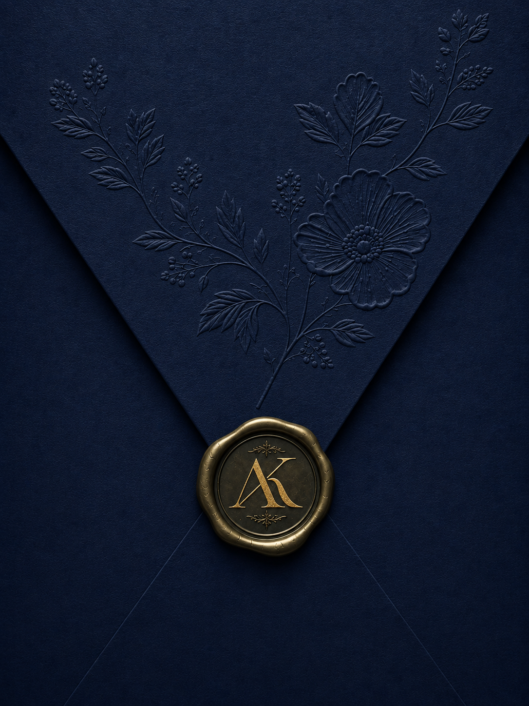 Navy embossed floral wedding envelope with an AK wax seal